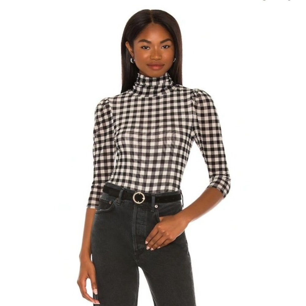 Free People Black and White Gingham Puff Ruched Shoulders Turtleneck Top XS